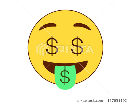 Happy yellow emoji face icon with dollar signs for eyes and tongue, symbolizing wealth and success 137651192