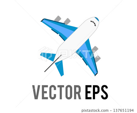 Modern passenger jet airplane flat icon with blue wings viewed from above Modern passenger jet airplane flat icon with blue wings viewed from above 137651194