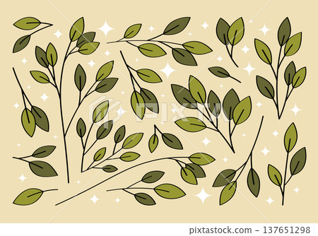 Set of hand drawn branches and leaves of bushes and trees. Aesthetic collection of plant icons. Ideal for decorating and framing flyers, greeting cards, stickers, posters, invitations, social media. Set of hand drawn branches and leaves of bushes and trees. Aesthetic collection of plant icons. Ideal for decorating and framing flyers, greeting cards, stickers, posters, invitations, social media. 137651298