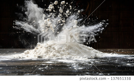 Flour explosions flying through the air – a dark and dramatic bakery scene. 137651338