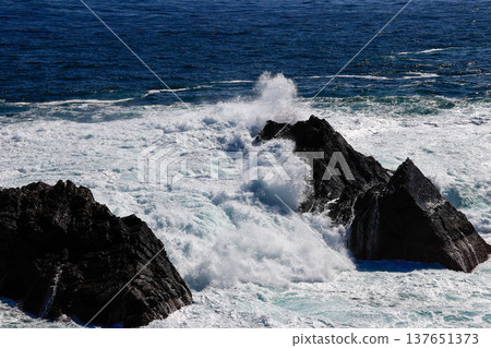 洶湧的波濤拍打著海岸 137651373