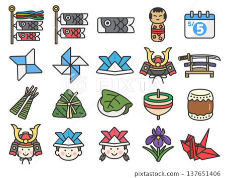 一套兒童節圖示插圖（線稿、彩色）。 137651406