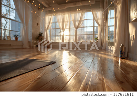 Spacious studio with wooden corner and light satin curtains. The light wood floor with a yoga mat and white walls feel fresh and clean 137651611