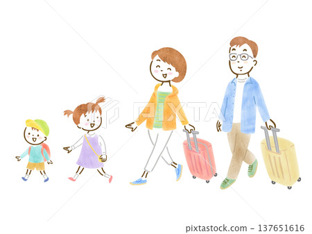 一幅描繪一家四口外出旅行的插圖。 137651616