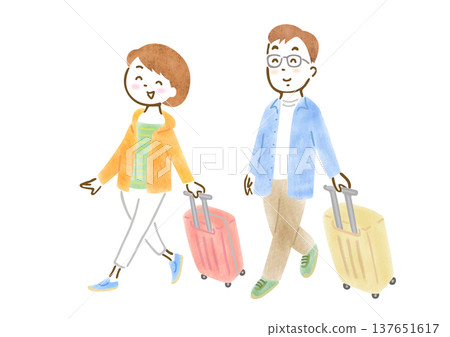 An illustration of a couple going on a trip, pulling suitcases. 137651617