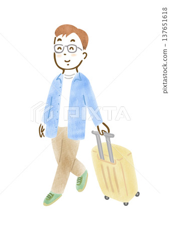 一幅描繪男子拉著行李箱即將踏上旅途的插圖。 137651618