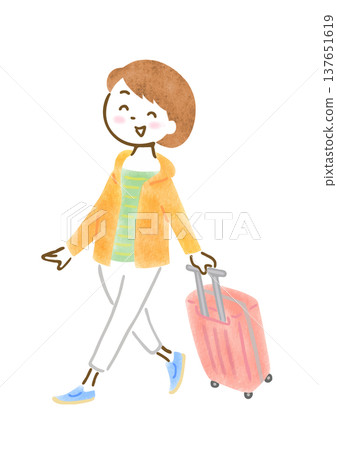 An illustration of a woman leaving on a trip, pulling a suitcase. 137651619