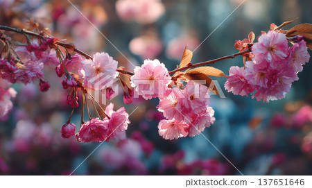 Blurred background of blooming spring gardens. Springtime 137651646