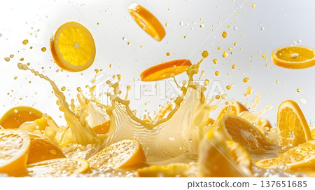 A fresh orange juice splash with orange slices and bursting juice. 137651685