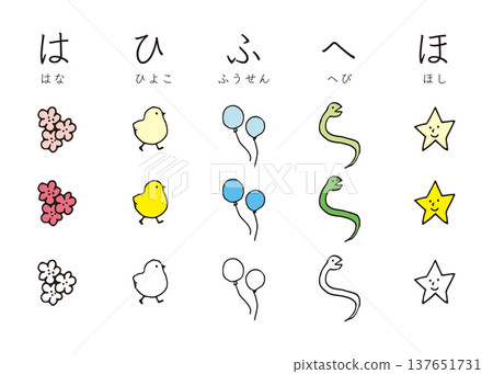 Hiragana Chart: Ha, Hi, Fu, He, Ho - Hand-Drawn Illustration Set Hiragana Chart: Ha, Hi, Fu, He, Ho - Hand-Drawn Illustration Set 137651731