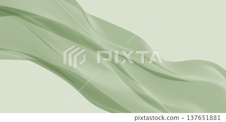 Ethereal sage green silk chiffon fabric flowing in wind isolated on soft green background 3D render 137651881