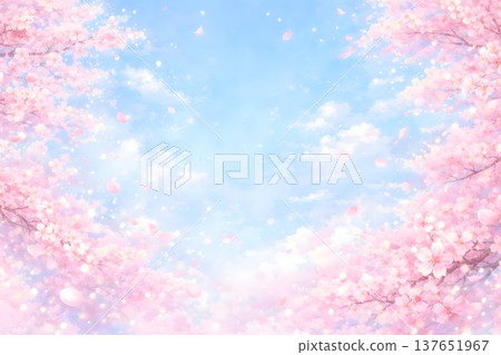 櫻花盛開，映襯著藍天：一幅夢幻般的春季櫻花背景圖。 137651967
