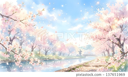 河岸邊櫻花盛開,構成了一幅春意盎然的景象;一排排櫻花樹宛如仙境。 河岸邊櫻花盛開,構成了一幅春意盎然的景象;一排排櫻花樹宛如仙境。 137651969