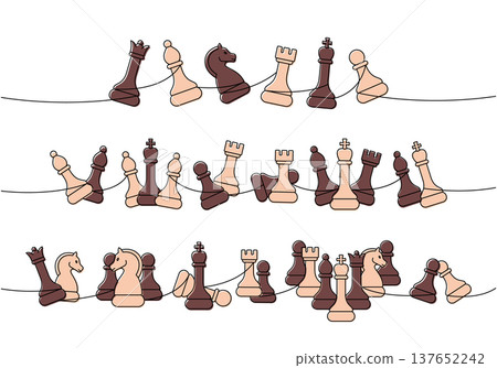 Long horizontal minimalist chess line art connecting multiple pieces in abstract flowing composition Long horizontal minimalist chess line art connecting multiple pieces in abstract flowing composition 137652242