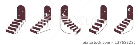 Staircase with arched doorway with moon and stars. Mystical surreal vector design in minimal isometric. 137652255