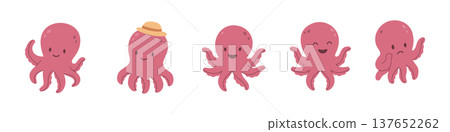 Cartoon octopus set. Flat vector characters with hat, smile, raised arms, and expressive faces. Kids marine illustration pack. 137652262
