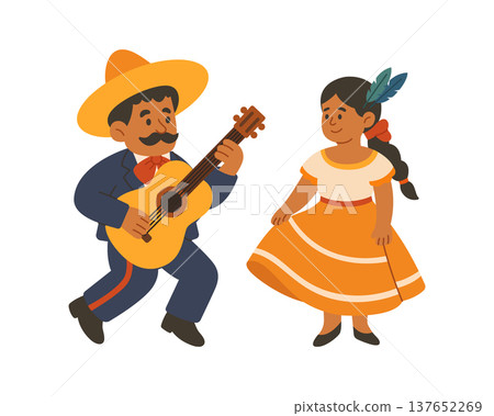 Mexican couple dancing in traditional dress. Flat cartoon vector for culture, music and celebration designs Mexican couple dancing in traditional dress. Flat cartoon vector for culture, music and celebration designs 137652269
