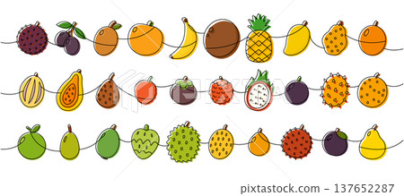 Hand drawn fruits border line art. Tropical fruits continuous outline vector illustration 137652287