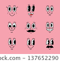 Funny cartoon character faces on pink background. Vector character faces set with glasses, mustaches, and quirky smiles. 137652290