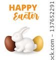 Happy Easter greeting card with bunny and decorative eggs. Minimal 3D holiday composition 137652291