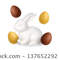 White bunny with golden and chocolate eggs. 3D Easter realistic illustration 137652292