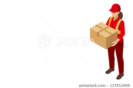 Isometric illustration of delivery workers/workers carrying packages (logistics, delivery, moving), red color scheme Isometric illustration of delivery workers/workers carrying packages (logistics, delivery, moving), red color scheme 137652699