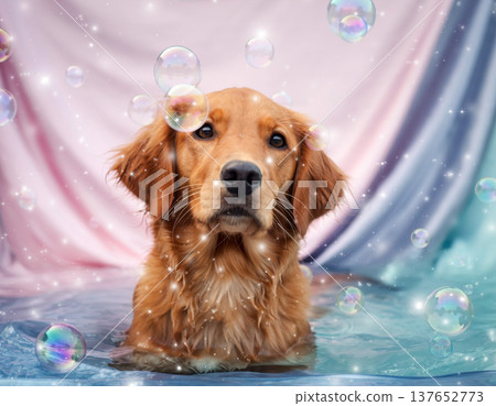 Playful golden retriever enjoys bubbles in a colorful setting with calm water and soft fabric backdrop 137652773