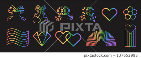 Whimsical rainbow neon Pride icons featuring hand-drawn hearts, bows, and gender symbols. Inclusive LGBTQ graphic set with vibrant gradient line art for stickers, social media, digital decor. Vector. Whimsical rainbow neon Pride icons featuring hand-drawn hearts, bows, and gender symbols. Inclusive LGBTQ graphic set with vibrant gradient line art for stickers, social media, digital decor. Vector. 137652988