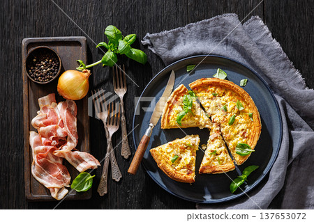 Quiche Lorraine with bacon, cheese and fresh basil Quiche Lorraine with bacon, cheese and fresh basil 137653072
