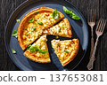 Quiche Lorraine with bacon, cheese and fresh basil 137653081