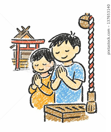 一位孕婦和她的丈夫在神社祈禱平安生產。 一位孕婦和她的丈夫在神社祈禱平安生產。 137653140