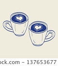 Hand drawn coffee cups with heart latte art vector illustration in Mediterranean style. Minimal line art romantic cafe drink concept for coffee shop menus and barista graphics. 137653677