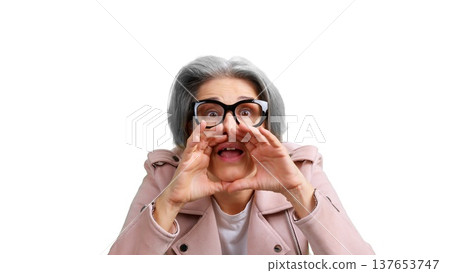Senior woman communicating important message yelling announcement Senior woman communicating important message yelling announcement 137653747