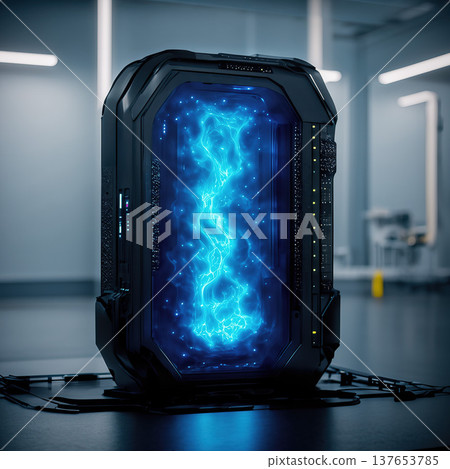 High-tech energy portal in a futuristic lab at night with bright blue light 137653785