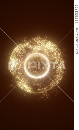 Golden particle halo swirling around luminous sphere, elegant abstract energy ring background 137653795