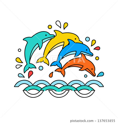 Colorful Cartoon Dolphins Jumping Over Waves Colorful Cartoon Dolphins Jumping Over Waves 137653855