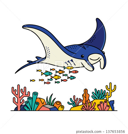 Cartoon Manta Ray with School of Fish and Coral Reef Cartoon Manta Ray with School of Fish and Coral Reef 137653856