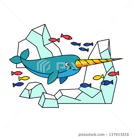 Cartoon Narwhal with Fish and Icebergs Cartoon Narwhal with Fish and Icebergs 137653858