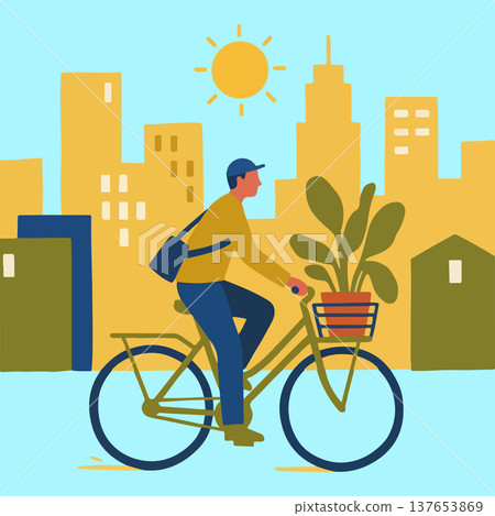 Cyclist with Plant in City 137653869