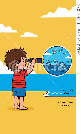 Boy with Spyglass Sees Whale Boy with Spyglass Sees Whale 137653878