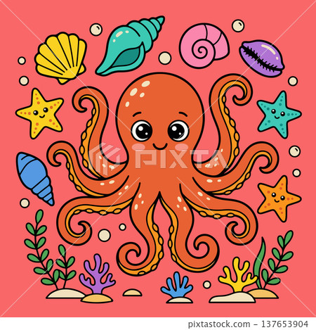 Cute Cartoon Octopus with Sea Life Cute Cartoon Octopus with Sea Life 137653904