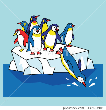 Penguins on Iceberg Diving into Water 137653905