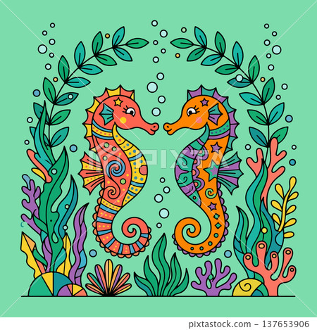 Colorful Seahorse Pair with Aquatic Plants 137653906