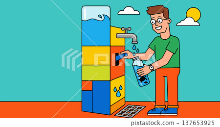 Man Filling Water Bottle at Water Dispenser Man Filling Water Bottle at Water Dispenser 137653925