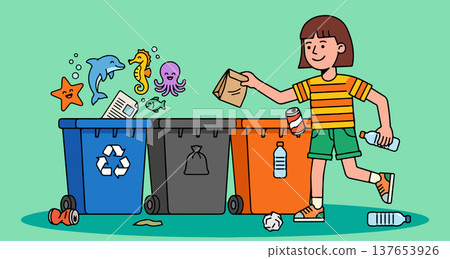 Child Recycling Waste into Color-Coded Bins 137653926