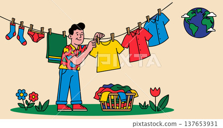Man Hanging Clothes on a Clothesline Man Hanging Clothes on a Clothesline 137653931