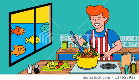 Cartoon Man Cooking Stew with Fish Tank View Cartoon Man Cooking Stew with Fish Tank View 137653932