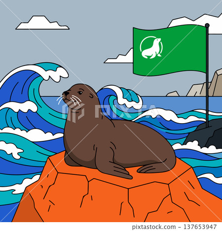 Seal on Rock with Flag 137653947