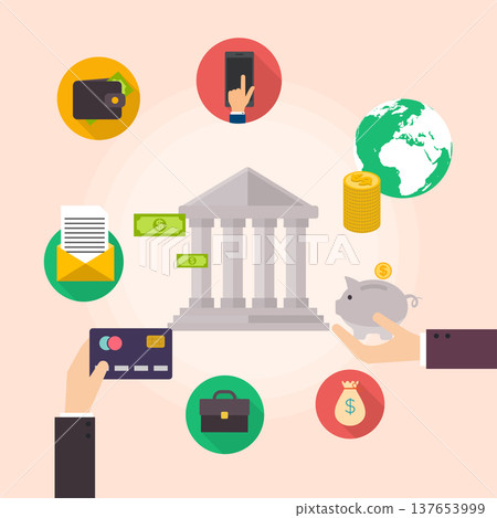 Banking concept. Set of flat icon banking, finance operations, payment, credit cards, wallet and cash money. Flat style vector illustration. Banking concept. Set of flat icon banking, finance operations, payment, credit cards, wallet and cash money. Flat style vector illustration. 137653999