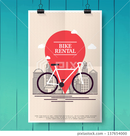 Poster with city bike hire rental tours for tourists and city visitors. Vector poster or banner template. Flat design modern vector illustration concept. 137654000
